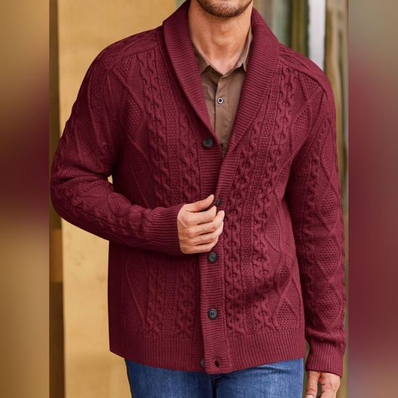 Men's Maroon Cable Knit Cardigan XL - Picture 2 of 8